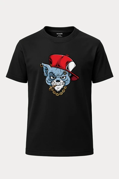Gangster Şapkalı Kedi Baskılı Loose Fit Bisiklet Yaka Unisex Tişört
