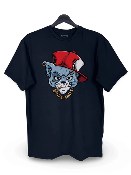 Gangster Şapkalı Kedi Baskılı Loose Fit Bisiklet Yaka Unisex Tişört