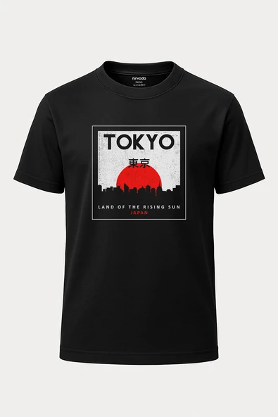 Tokyo Baskılı Loose Fit Bisiklet Yaka Unisex Tişört Siyah