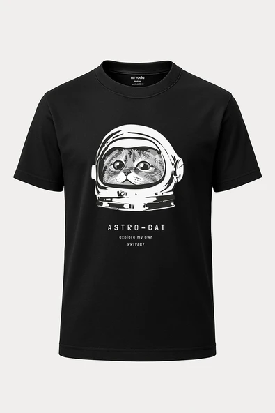 Astronot Kedi AstroCat Baskılı Loose Fit Bisiklet Yaka Unisex Tişört Siyah