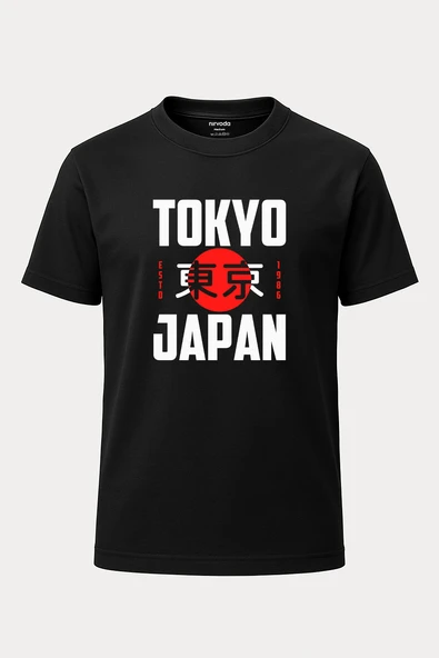 Tokyo 1986 Yazılı Baskılı Loose Fit Bisiklet Yaka Unisex Tişört Siyah - 1