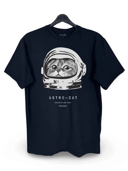 Astronot Kedi AstroCat Baskılı Loose Fit Bisiklet Yaka Unisex Tişört Siyah