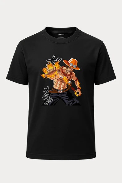 Ace Ateşi One Piece Baskılı Loose Fit Bisiklet Yaka Unisex Tişört Anime Manga