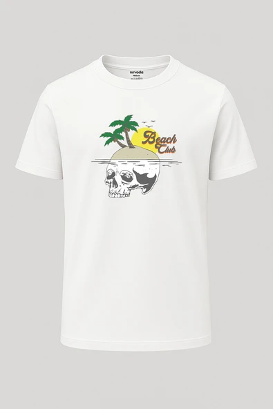 Beach Club Kurukafa Baskılı Loose Fit Bisiklet Yaka Unisex Tişört - Resim 5