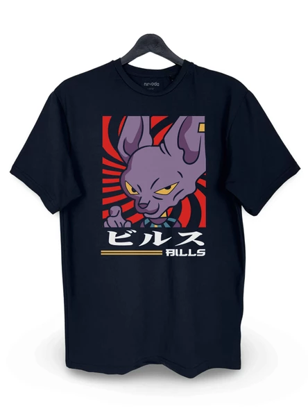 Birusu Beerus Dragon Ball Baskılı Loose Fit Bisiklet Yaka Unisex Siyah Tişört Anime Manga