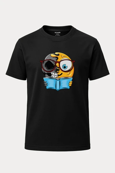 İki Yüzlü Emoji Baskılı Loose Fit Bisiklet Yaka Unisex Tişört - 1