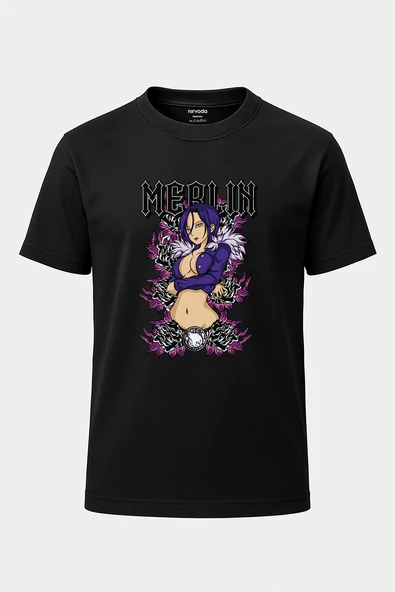 Merlin Nanatsu no Taizai Baskılı Loose Fit Bisiklet Yaka Unisex Tişört Anime Manga