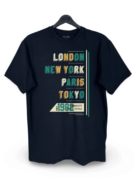 Londra NY Paris Tokyo Yazılı Baskılı Loose Fit Bisiklet Yaka Unisex Tişört