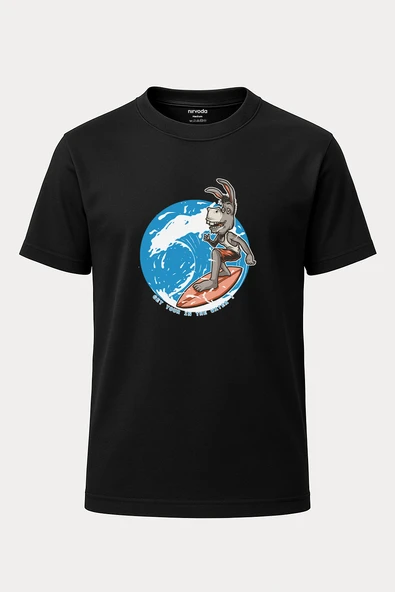 Surf Yapan Eşek Baskılı Loose Fit Bisiklet Yaka Unisex Tişört
