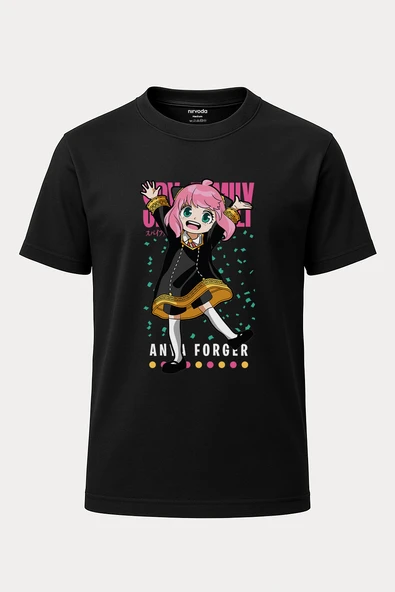Anya Forger Spy x Family Siyah Baskılı Loose Fit Bisiklet Yaka Unisex Tişört Siyah Anime Manga