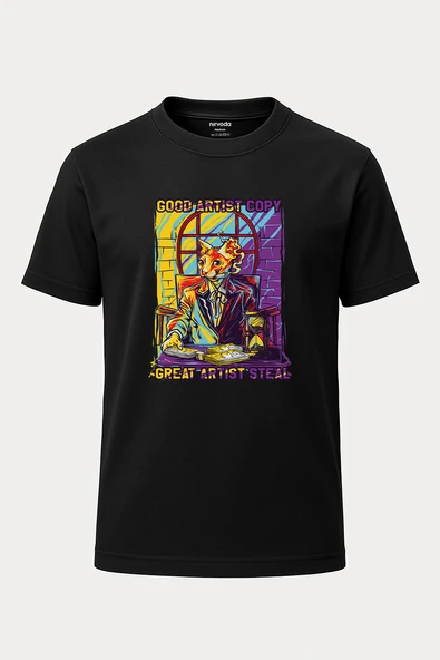 Gangster Renkli Kedi Baskılı Loose Fit Bisiklet Yaka Unisex Tişört