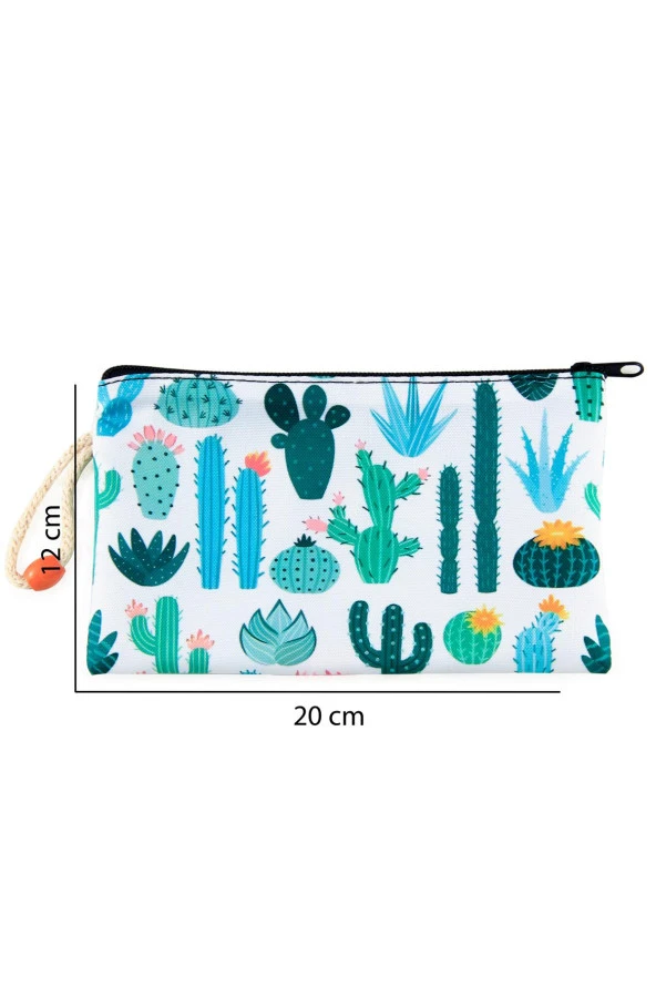Kaktüs Çiçek Desenli Kalemlik Fermuarlı Makyaj Çantası Orta Boy 12cm X 20cm - 3