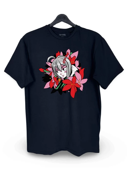 Çiçekli Anime Manga Kızı Baskılı Loose Fit Bisiklet Yaka Unisex Tişört