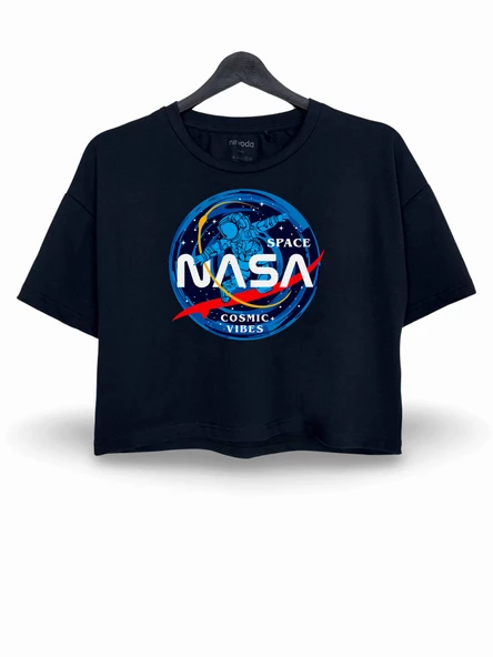 Kozmik Nasa Baskılı Oversize Crop Tişört