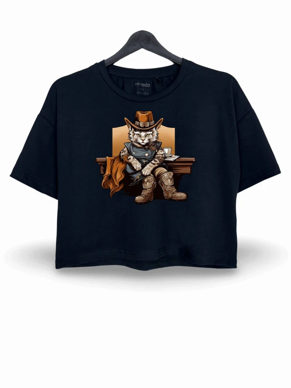 Kovboy Kedi Baskılı Oversize Crop Tişört