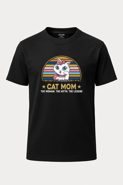 Cat Mom Renkli Kedi Baskılı Loose Fit Bisiklet Yaka Unisex Tişört Siyah - 1