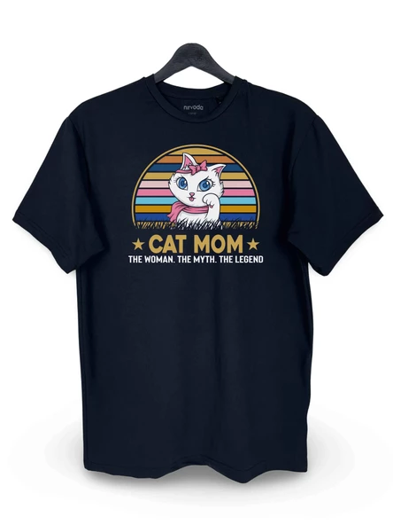 Cat Mom Renkli Kedi Baskılı Loose Fit Bisiklet Yaka Unisex Tişört Siyah