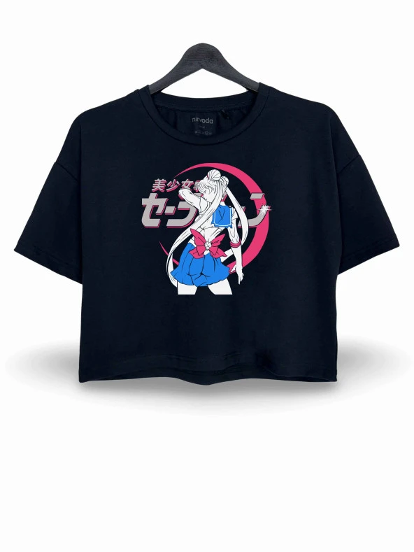 Sailor Moon Ay Savaşçısı Pembe Baskılı Oversize Crop Tişört Siyah