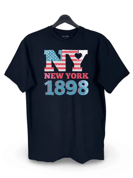 Eskitilmiş New York Tasarımı Baskılı Loose Fit Bisiklet Yaka Unisex Tişört Siyah