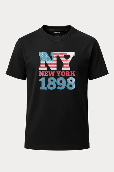 Eskitilmiş New York Tasarımı Baskılı Loose Fit Bisiklet Yaka Unisex Tişört Siyah