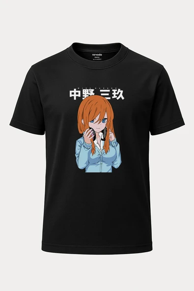 Miku Nakano Baskılı Loose Fit Bisiklet Yaka Unisex Tişört Siyah
