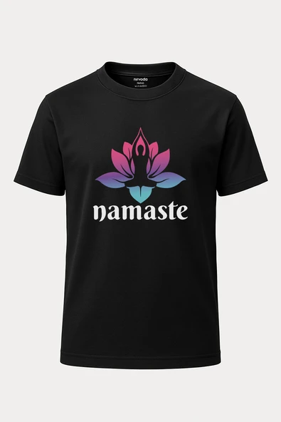 Nameste Yoga Baskılı Loose Fit Bisiklet Yaka Unisex Tişört Siyah