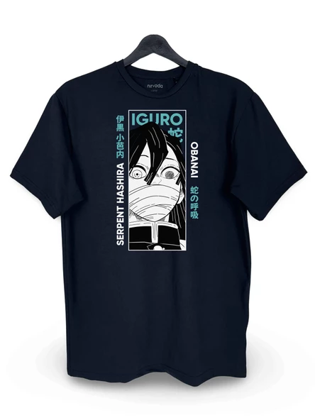 Obanai Iguro Kimetsu no Yaiba Baskılı Loose Fit Bisiklet Yaka Unisex Tişört Siyah