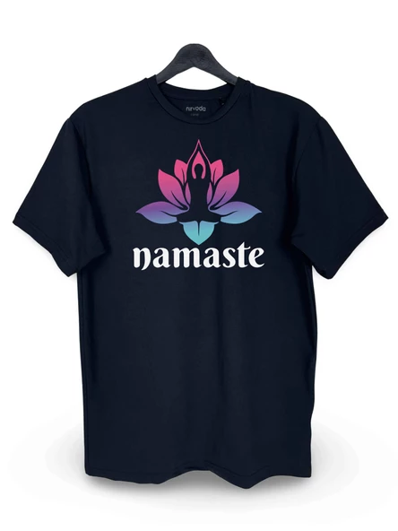 Nameste Yoga Baskılı Loose Fit Bisiklet Yaka Unisex Tişört Siyah