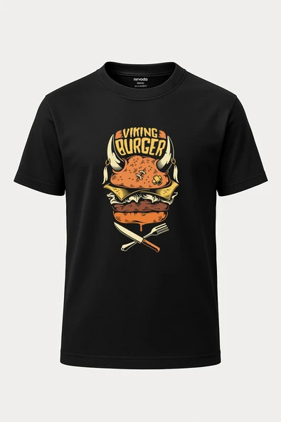 Viking Burger Baskılı Loose Fit Bisiklet Yaka Unisex Tişört Siyah