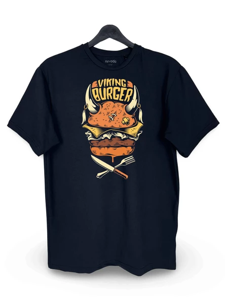 Viking Burger Baskılı Loose Fit Bisiklet Yaka Unisex Tişört Siyah