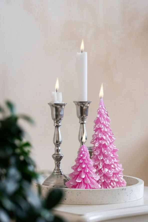 Sanat Sepet İşleri Parlak Pembe 2'li Çam Ağacı Dekoratif Yılbaşı Hediyelik Mumu - 2