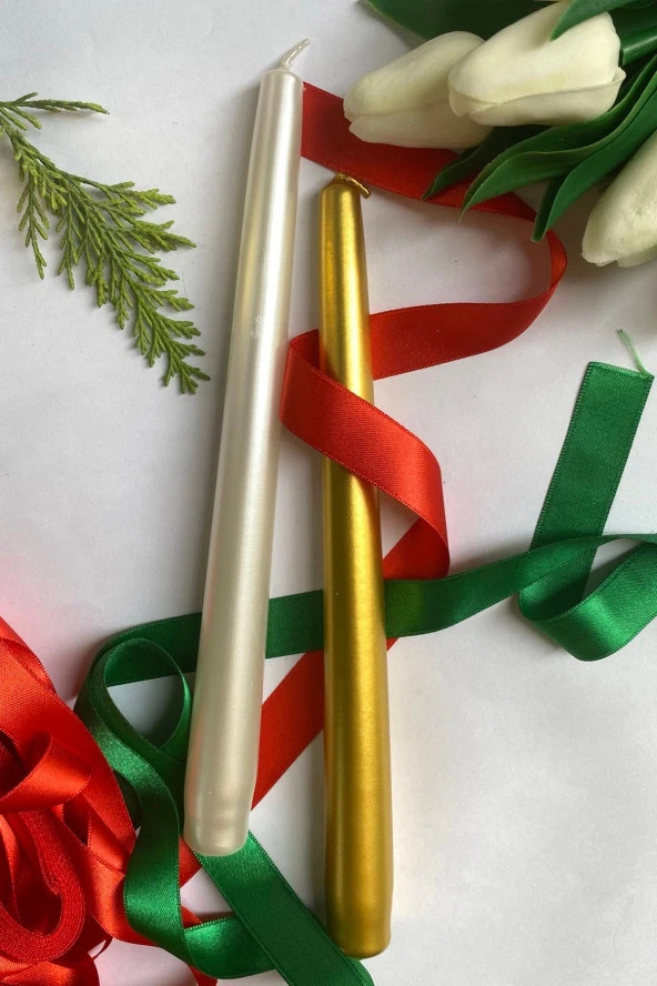 Sanat Sepet İşleri Premium Yılbaşı Özel Beyaz-gold Renk Sedefli Kokulu Konik Şamdan Mum - 2'li Set