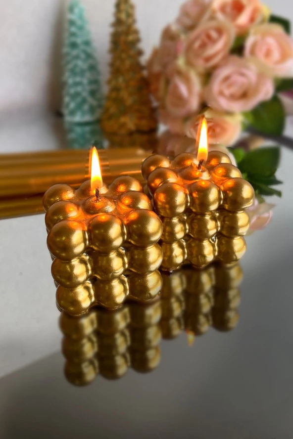 Sanat Sepet İşleri Gold Parlak Bubble 2'li Set Hediyelik Dekoratif Mum Seti - 2