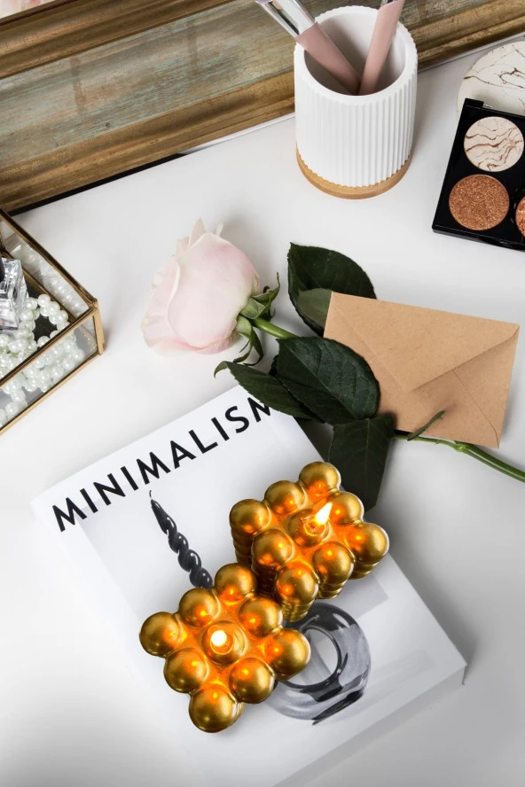 Sanat Sepet İşleri Gold Parlak Bubble 2'li Set Hediyelik Dekoratif Mum Seti - 3