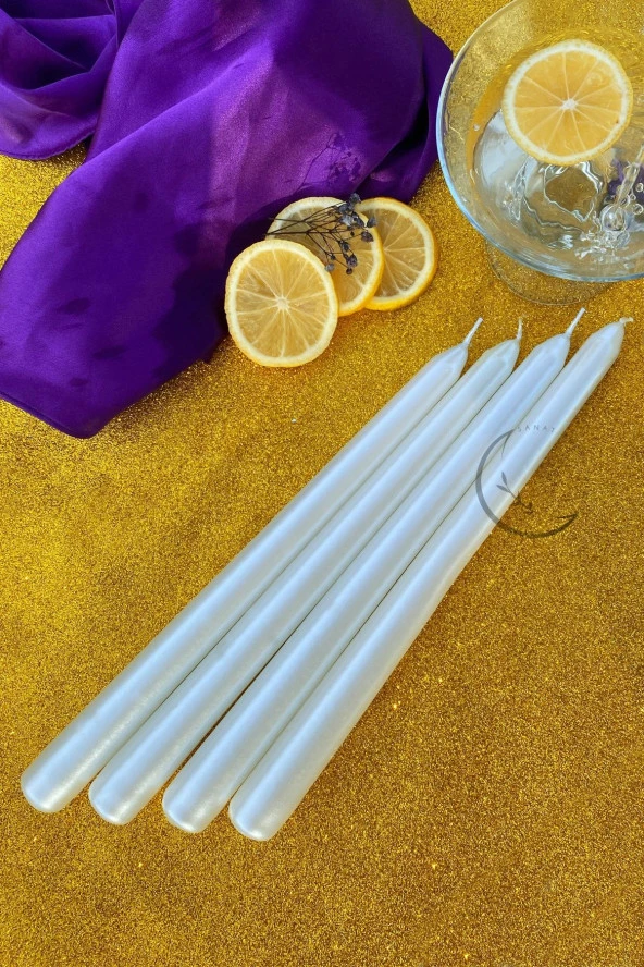 Sanat Sepet İşleri Premium Seri Kokulu Beyaz Rengi Sedefli Konik Şamdan Mum - 4'lü Set