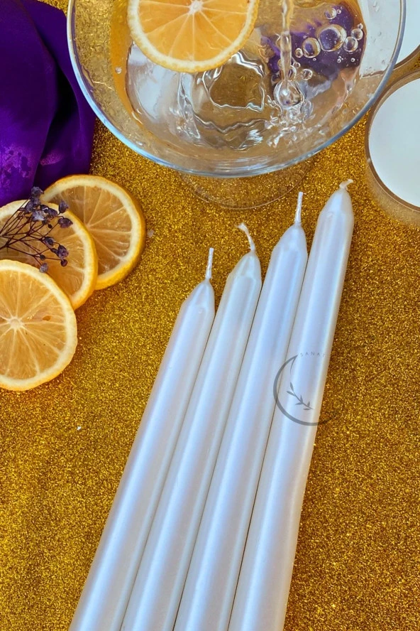 Sanat Sepet İşleri Premium Seri Kokulu Beyaz Rengi Sedefli Konik Şamdan Mum - 4'lü Set - 2