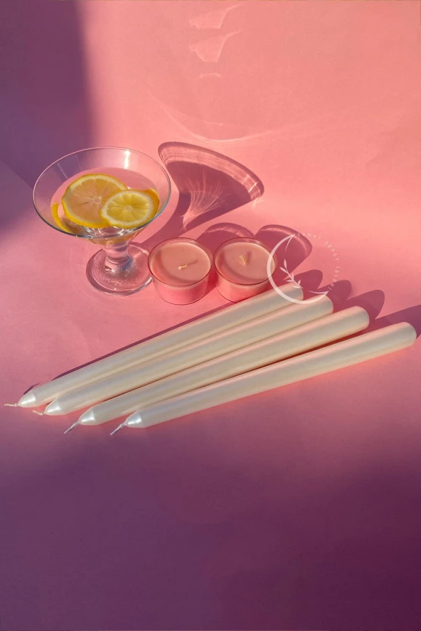 Sanat Sepet İşleri Premium Seri Kokulu Beyaz Rengi Sedefli Konik Şamdan Mum - 4'lü Set - 3