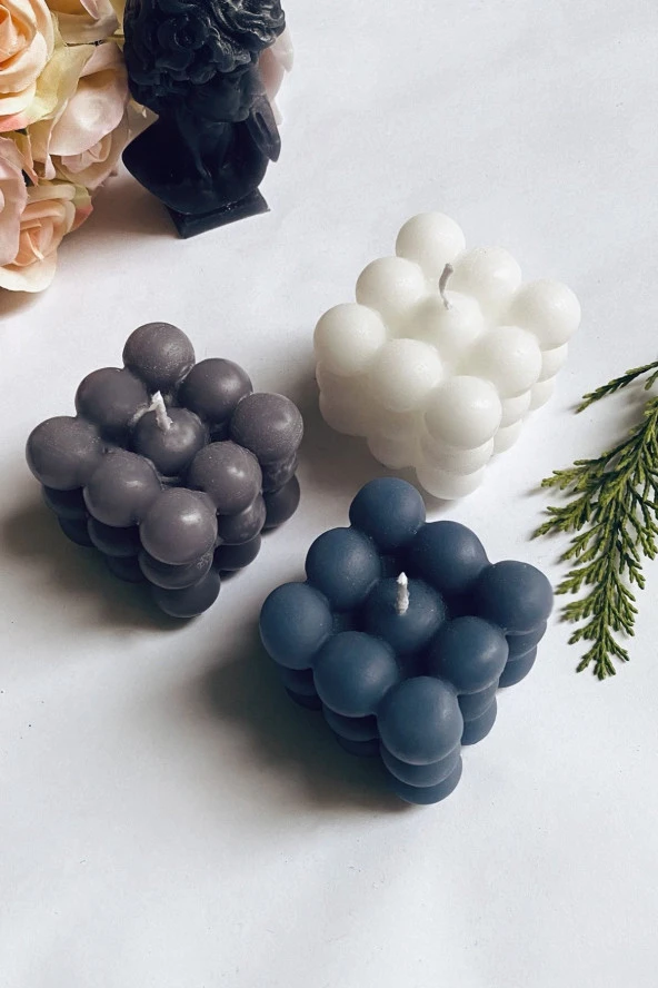 Sanat Sepet İşleri Gri - Koyu Gri - Beyaz Vanilya Kokulu Bubble Hediyelik Dekoratif Mum - 3'lü Set - 2