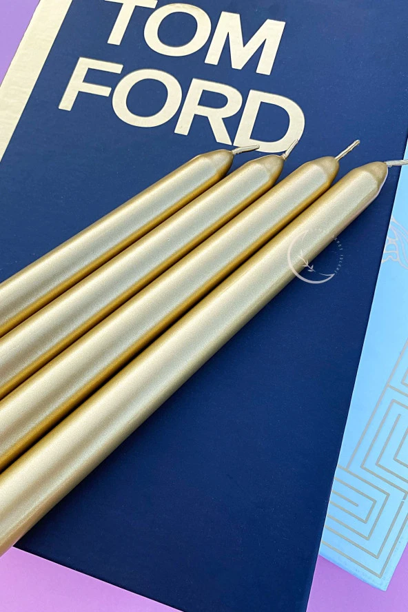 Sanat Sepet İşleri Premium Seri Kokulu Gold Rengi Sedefli Konik Şamdan Mum - 4'lü Set - 3