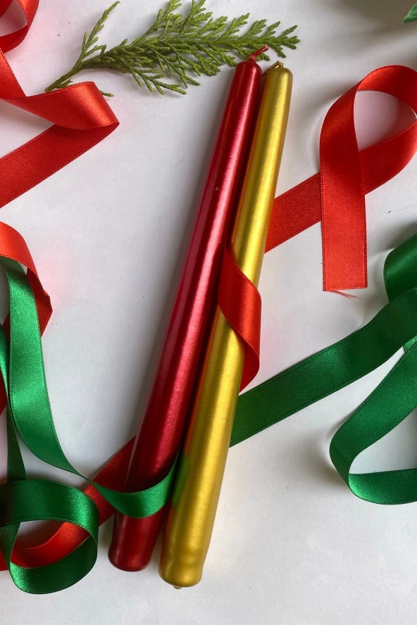 Sanat Sepet İşleri Premium Yılbaşı Özel Gold-kırmızı Renk Sedefli Kokulu Konik Şamdan Mum - 2'li Set