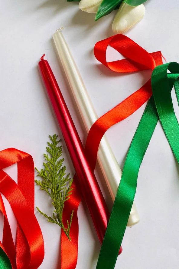 Sanat Sepet İşleri Premium Yılbaşı Özel Beyaz-kırmızı Renk Sedefli Kokulu Konik Şamdan Mum - 2'li Set