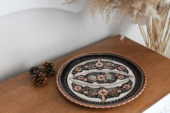 Erzincan El İşlemeli Bakır 35 CM YUVARLAK TEPSİ MİNESİZ - 7