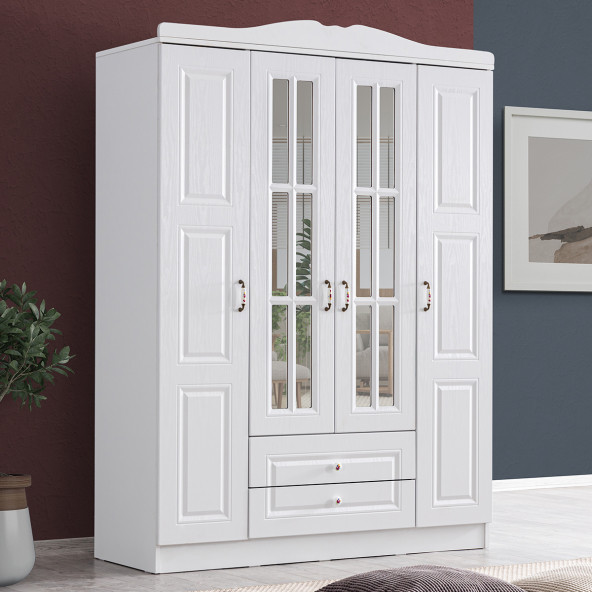 Setay Mobilya Gardırop, Country West Mdf Ön Yüzeyli 4 Kapaklı Dolap - Beyaz