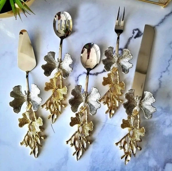 5 Parça Kelebek Desenli Gold Saplı Çelik Servis Seti - 2