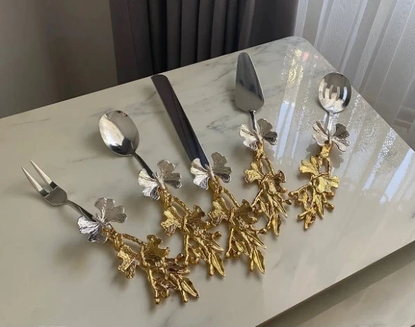 5 Parça Kelebek Desenli Gold Saplı Çelik Servis Seti - 3
