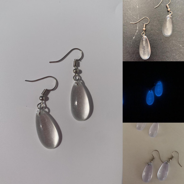 Şeffaf Renk Gece Mavi Neon Olan Damla Şekilli Gümüş Aksesuarlı Küpe Epoksi El Yapımı Hediyelik ürün görseli