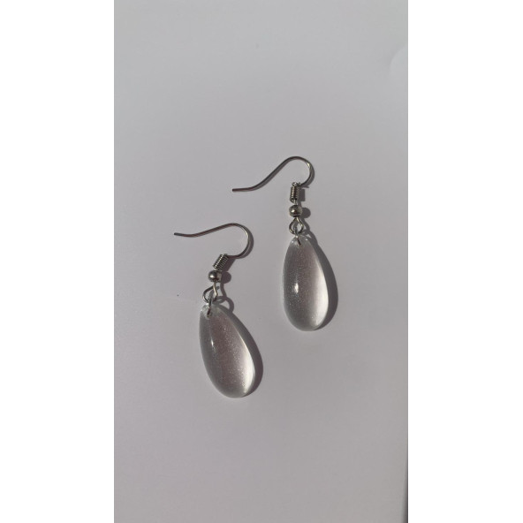 Şeffaf Renk Gece Mavi Neon Olan Damla Şekilli Gümüş Aksesuarlı Küpe Epoksi El Yapımı Hediyelik - Resim 3