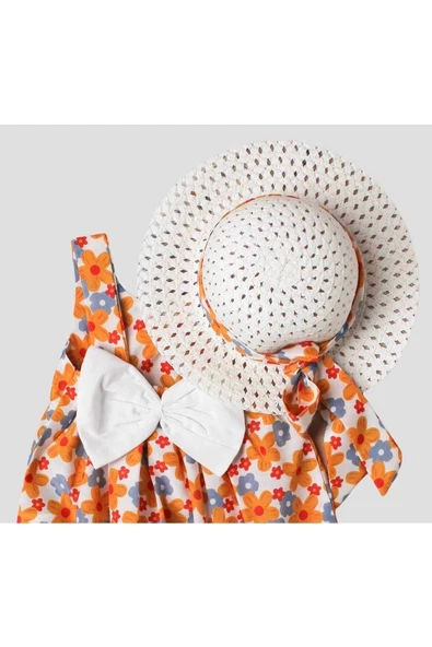 Şapkalı Kız Bebek Elbisesi Çiçek Desenli Bebek Takımı - 8