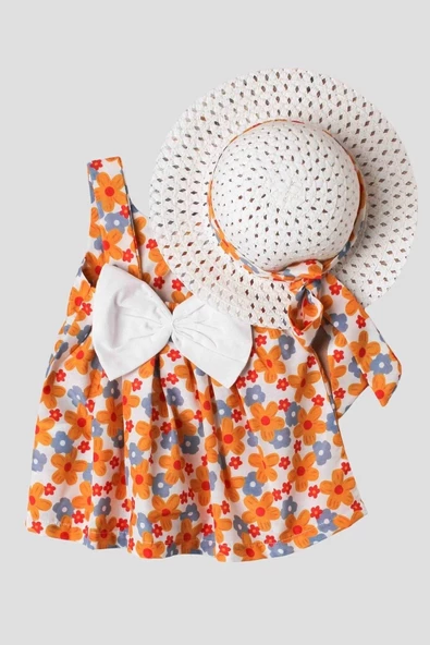 Şapkalı Kız Bebek Elbisesi Çiçek Desenli Bebek Takımı