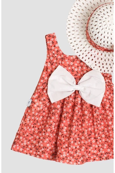Şapkalı Çiçek Desenli Fiyonklu Kız Bebek Elbisesi - 3